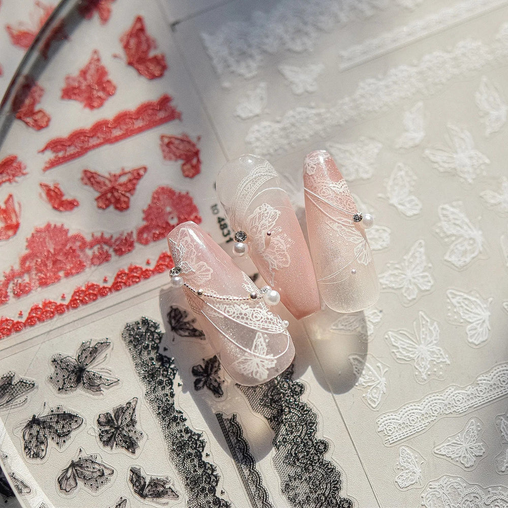 Lace Butterfly Hollow Out Fabric Romantic Flower Pattern Chic Adhesive Nail Art Sticker Rhinestone Manicure Decals Nail Supplies (ONLINE ORDER ONLY)