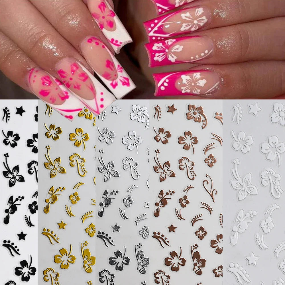 5/8Pcs 3D Hawaiian Flowers Nail Art Stickers Summer Decors with Tropical Leaves Slider Vibrant Pink & White Flowers for Parties* (ONLINE ORDER ONLY)