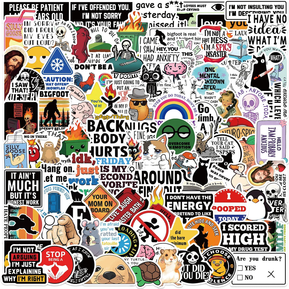 100pcs Snarky Meme Vinyl Stickers Funny Doodle Art For Laptops Skateboards Luggage Reusable Vinyl Decals For Diy Gifts (Online Order Only)
