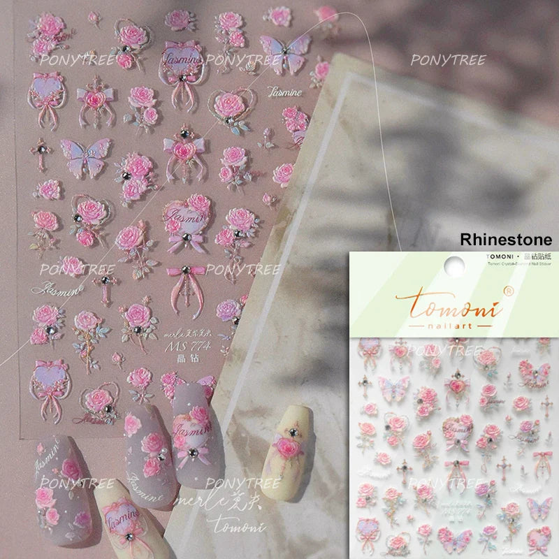 Charming Pink Purple Embroidery Gradual Butterfly Flowers Green Leaf 5D Tender Self Adhesive Nail Art Stickers Manicure Decals (ONLINE ORDER ONLY)