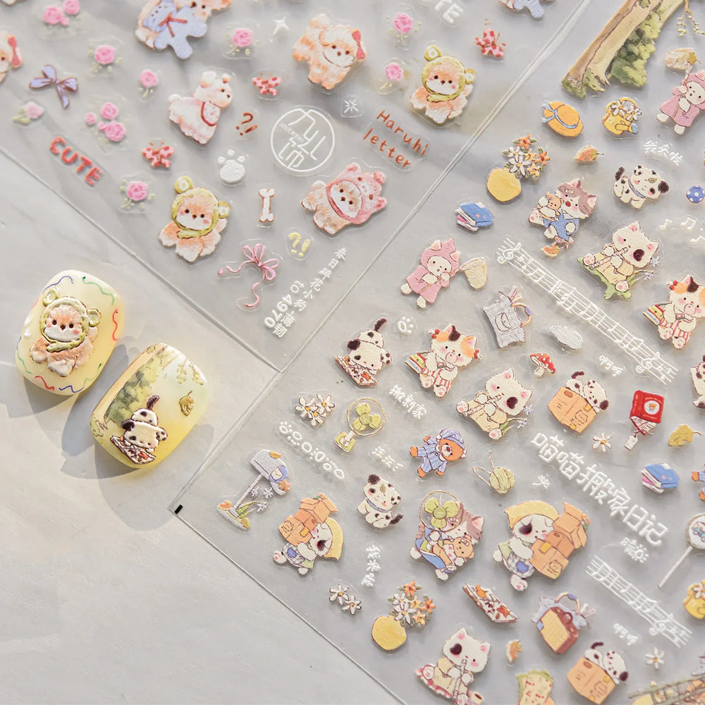 Spring Dog Bear Toy Rose Flower Floral Print Letter Bone Butterfly Cat Puppy Relief Adhesive Nail Art Stickers Manicure Decals (Online Order Only)