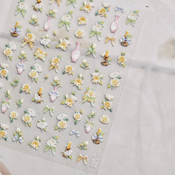 Oil Painting Style Rose Camellia Flower Vase Romantic Candle Holder Bowknot Embossed Adhesive Nail Art Stickers Manicure Decals (ONLINE ORDER ONLY)