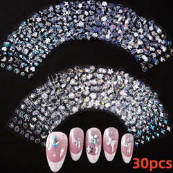 30Sheet 3D Glitter Christmas Nail Art Stickers Santa Claus Snowflake Elk Christmas Tree Design Nail Decals Cartoon Nail Supplies (Online Order Only)