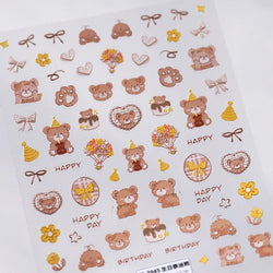 Cute Bear Teddy Birthday Party Maillard Bear Cake Flower Bouquet Lucky Love Heart 5D Adhesive Nail Art Sticker Manicure Decals (Online Order Only)
