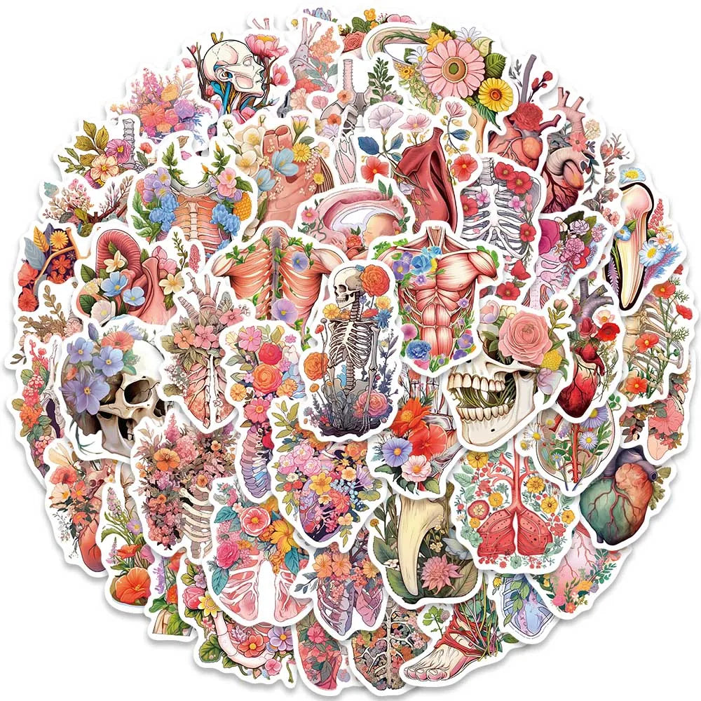 50pcs Colorful Cartoon Flowers Skull Human Organs Graffiti Stickers For Laptop Phone Guitar Luggage Waterproof Vinyl Decals (ONLINE ORDER ONLY)