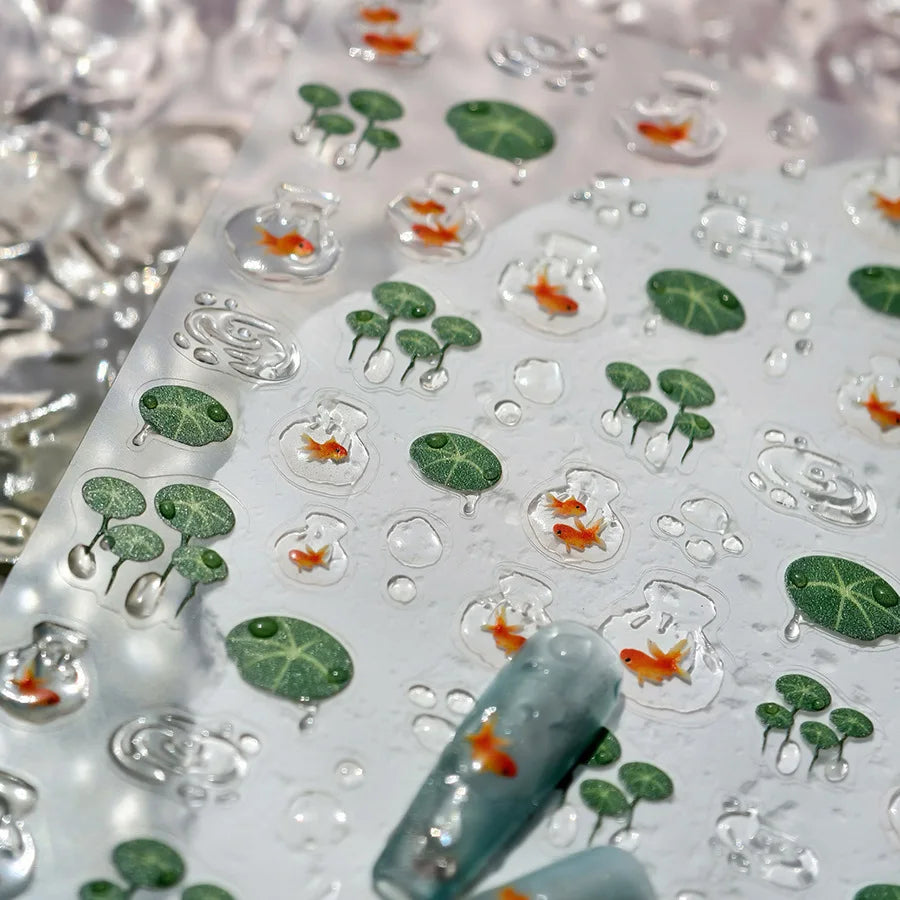 Lotus Flower Leaf Goldfish Ripple Wavelet Water Droplet Lotus Pond Brocaded Carp Self Adhesive Nail Art Stickers Manicure Decals (Online Order Only)