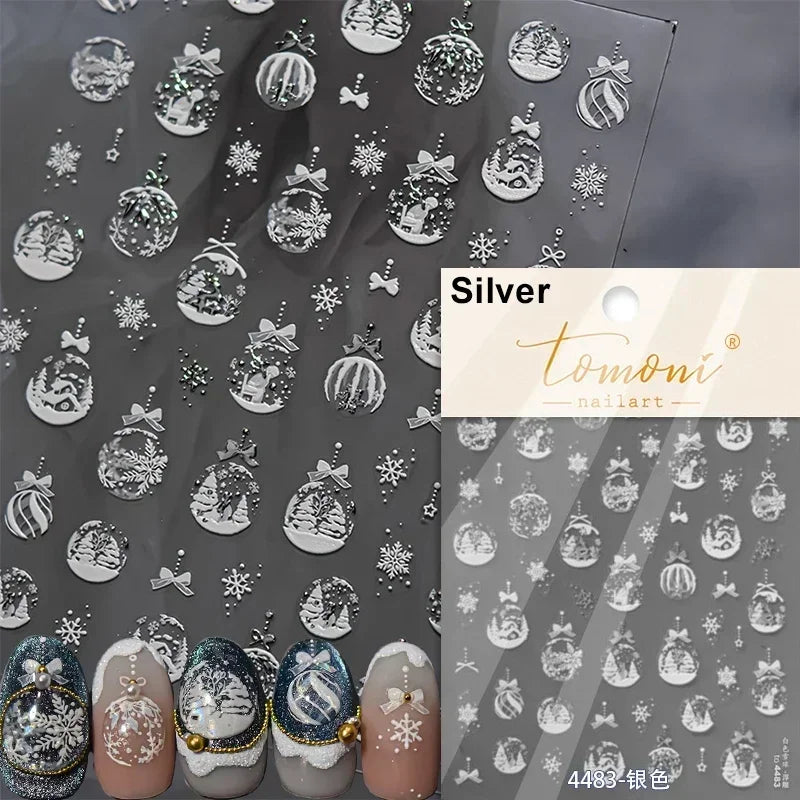 Winter Christmas Crystal Delicate Hexagon Romantic Laser Silver Chic Snowflakes Self Adhesive Nail Art Sticker 5D Manicure Decal (ONLINE ORDER ONLY)