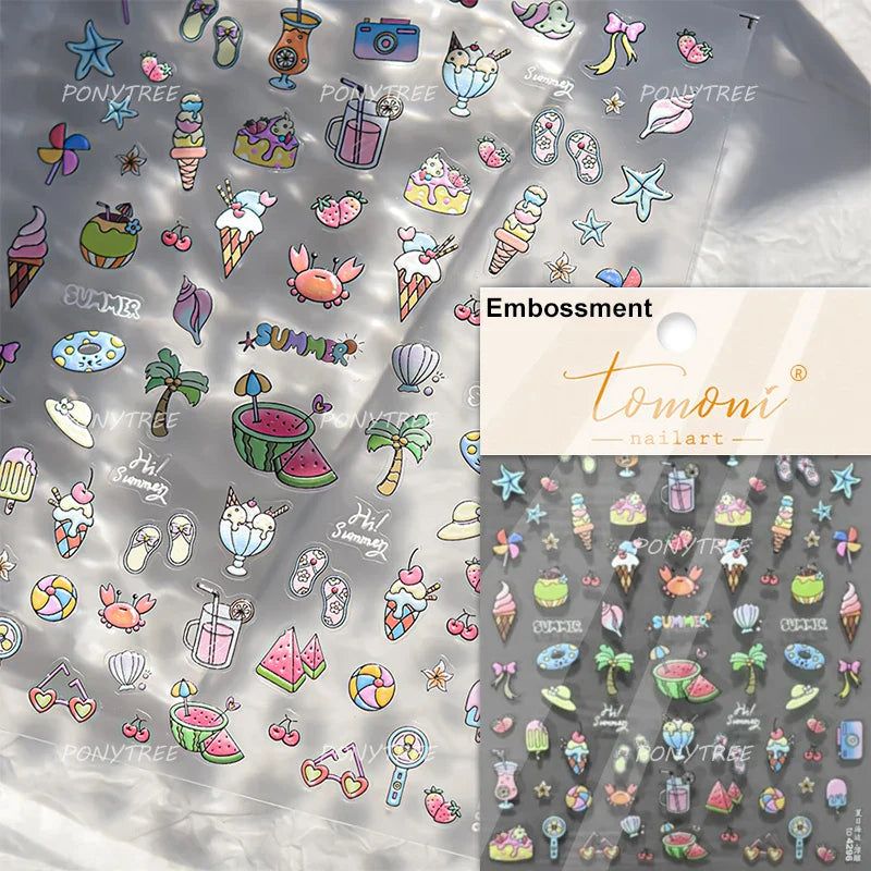 Summer Beach Bikini Watermelon Cat Popsicle Swim Ring Ice Cream Shell Coconut Tree Nail Art Decoration Stickers Manicure Decals (Online Order Only)