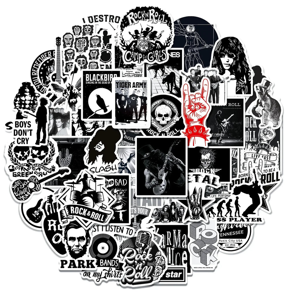 10/50pcs Cool Rock Roll Music Stickers Band DIY Helmet Guitar Phone Laptop Motorcycle Skateboard Luggage Classic Sticker Toy (Online Order Only)