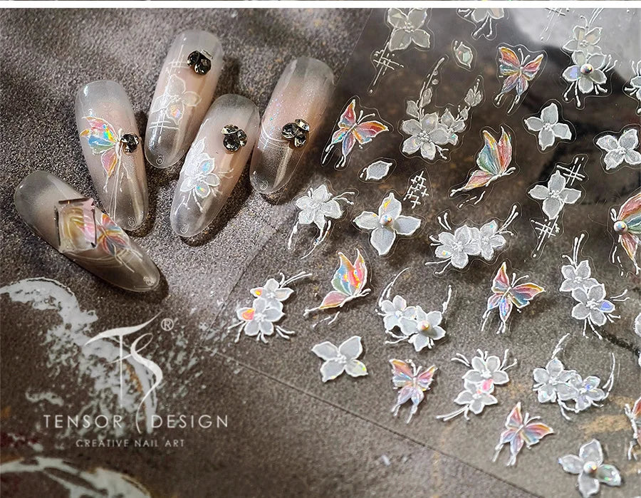 White Flower Colourful Butterfly Pearl Petal Beautiful Garden Charming Plant 5D Self Adhesive Nail Art Stickers Manicure Decals (ONLINE ORDER ONLY)