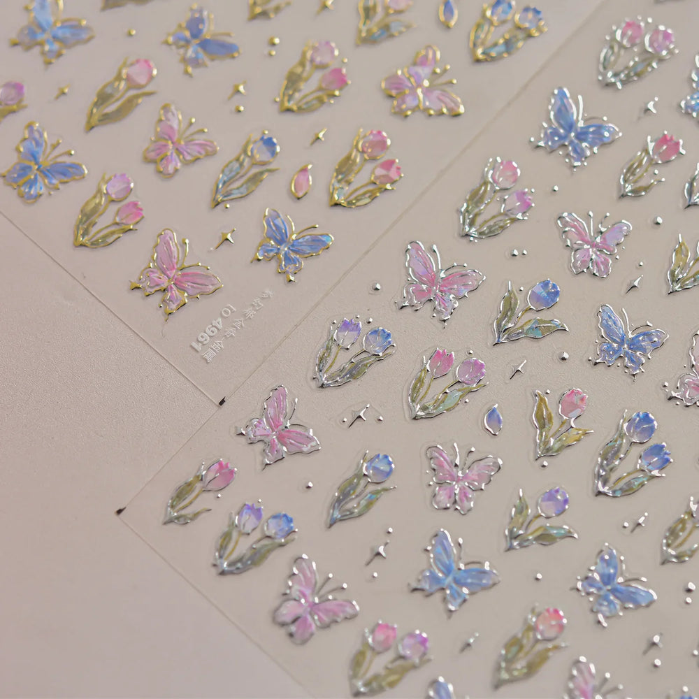 Delicate Dreamy Petal Star Tulip Flower Purple Bowknot Butterfly Illusion Chic Relief Adhesive Nail Art Stickers Manicure Decals (Online Order Only)