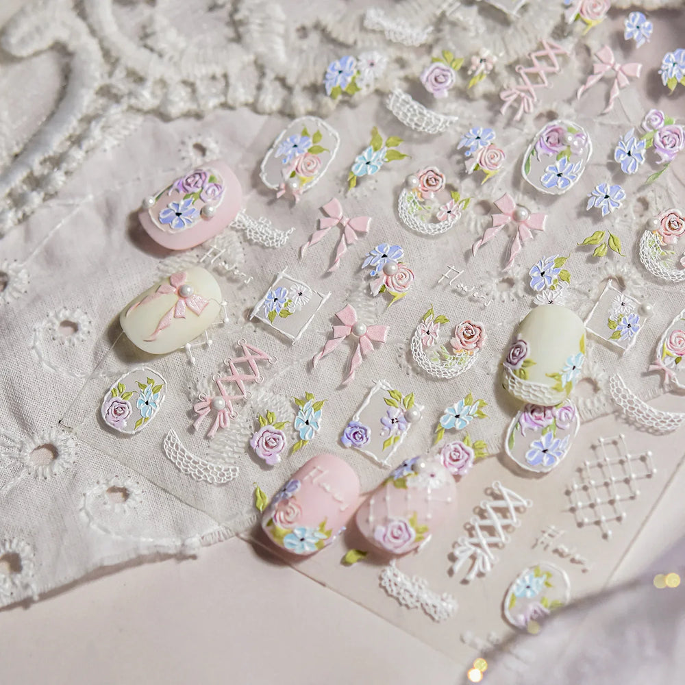 Rose Flower Bouquet Leaves Lace Bowknot Pearl Photo Frame Gird Embossed Reliefs Self Adhesive Nail Art Stickers Manicure Decals (ONLINE ORDER ONLY)