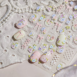 Rose Flower Bouquet Leaves Lace Bowknot Pearl Photo Frame Gird Embossed Reliefs Self Adhesive Nail Art Stickers Manicure Decals (ONLINE ORDER ONLY)