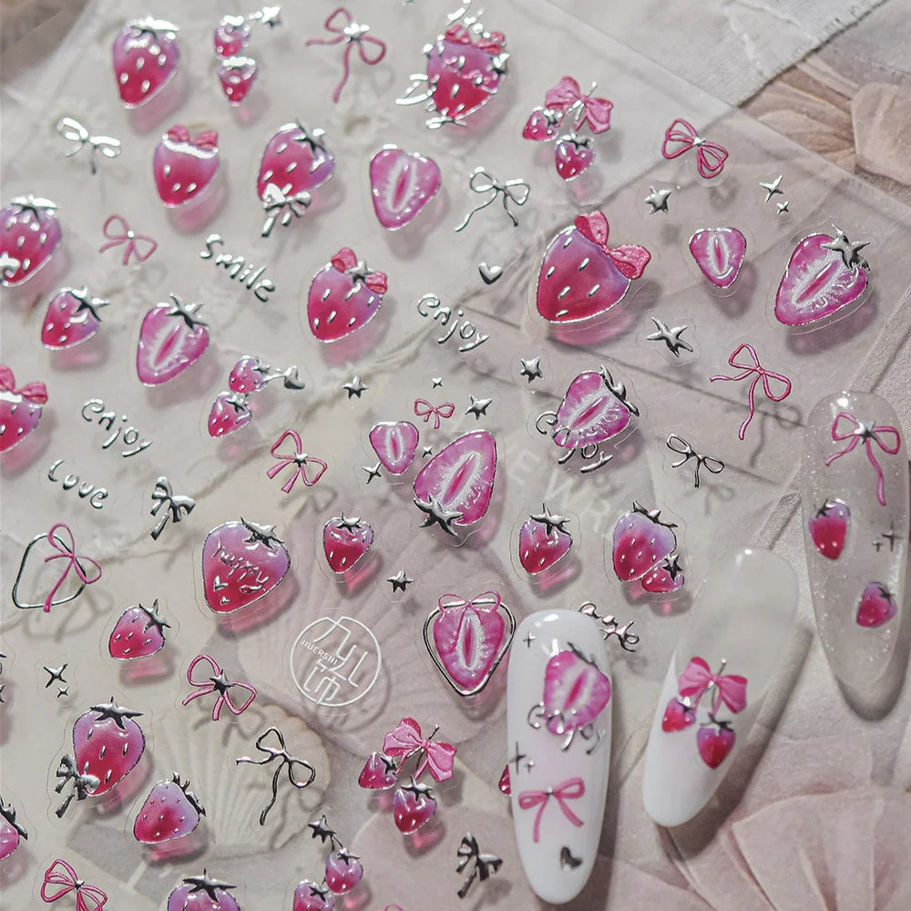 Cute Pink Tempting Strawberries Attractive Fruit Cutting Line Bowknot Star Silver Stamping Chic Nail Art Stickers Manicure Decal (ONLINE ORDER ONLY)