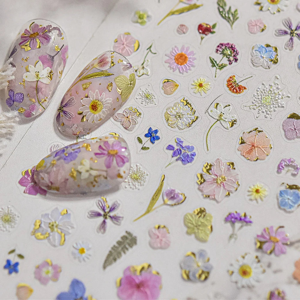 Gold Foil Dried Flowers Leaf Floral Print Daisy Rose Flower Peach Blossom Adhesive Nail Art Decoration Sticker Manicure Decals (ONLINE ORDER ONLY)