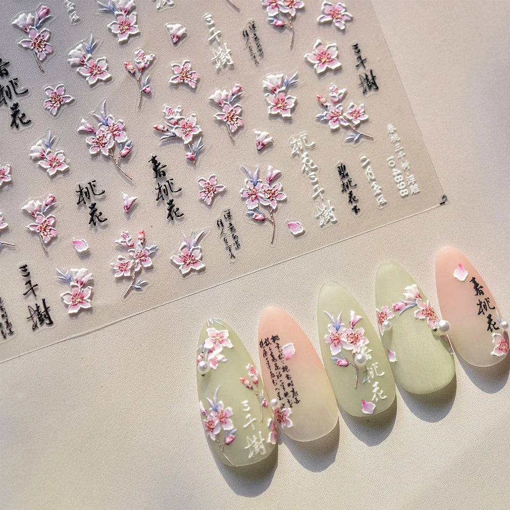 Spring Living Peach Blossom Flower Branch Petal Antique Soft Relief Adhesive Chinese Characters Nail Art Sticker Manicure Decals (ONLINE ORDER ONLY)