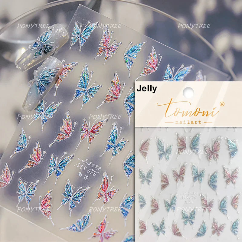 Delicate Dreamy Petal Star Tulip Flower Purple Bowknot Butterfly Illusion Chic Relief Adhesive Nail Art Stickers Manicure Decals (Online Order Only)