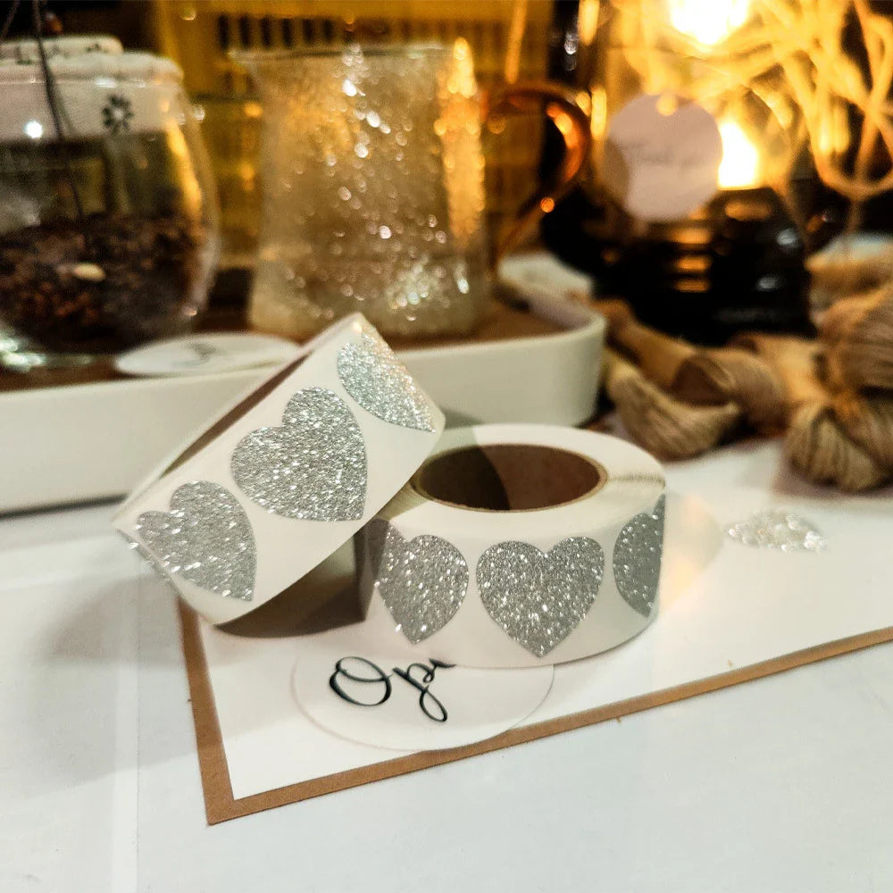300pcs/roll Exquisite Silver Shiny Dot Heart Shaped Stickers Seal Labels for Gift Package Glitter Card Handmade Decoration (Online Order Only)