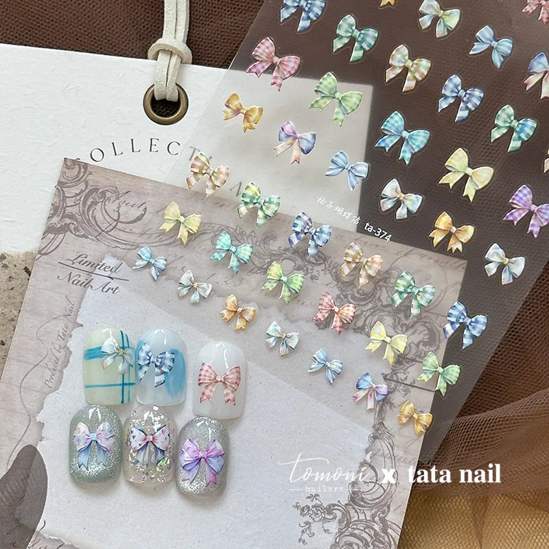 Colourful Grid Bowknot Charming Silk Ribbon Tie Chic 5D Self Adhesive Nail Art Sticker Sparkle Crystal Rhinestone Manicure Decal (ONLINE ORDER ONLY)