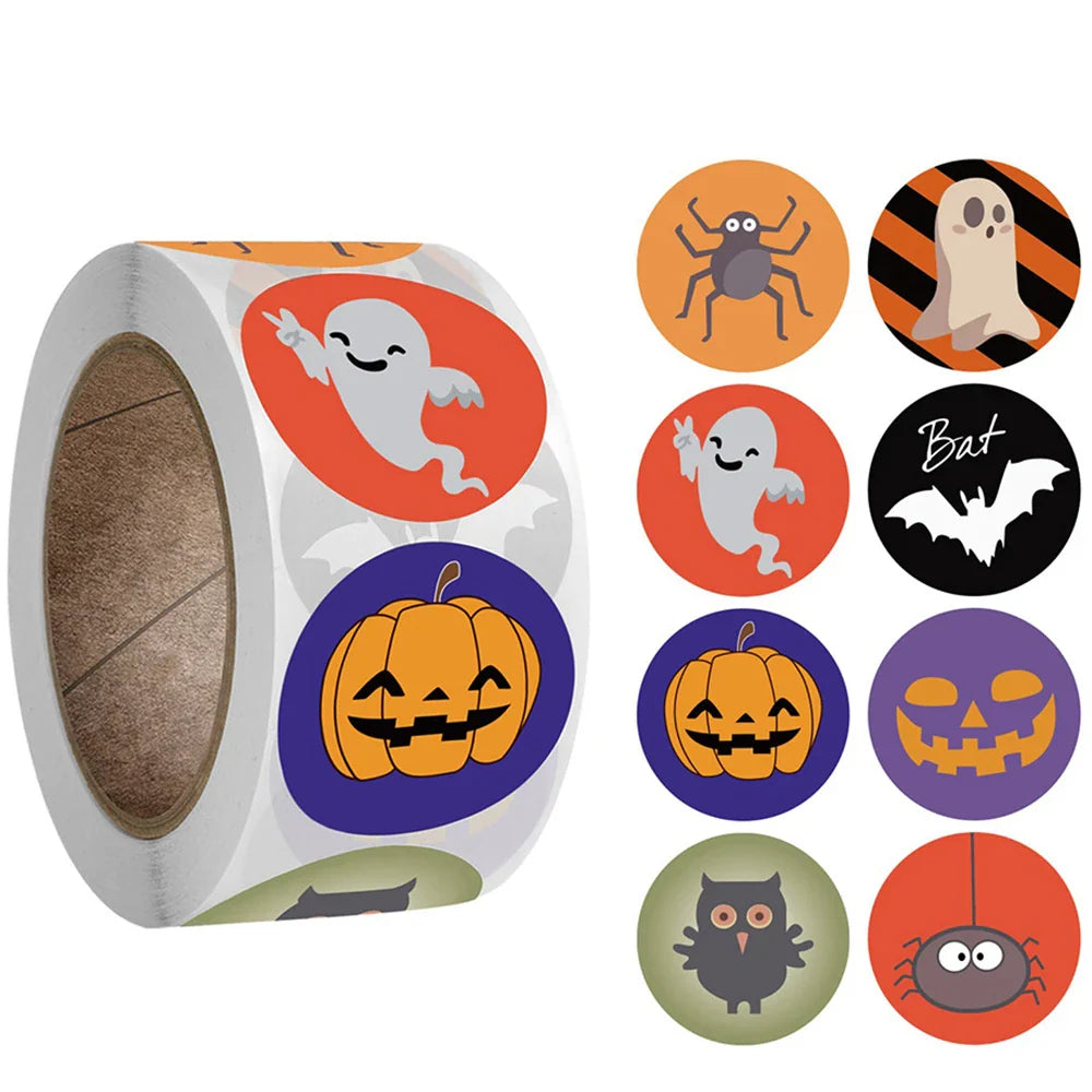500pcs/roll Halloween Sticker Ghost Labels Gift Candy Bags Seal Stickers Halloween DIY Package Paper Sticker Party Decoration (Online Order Only)