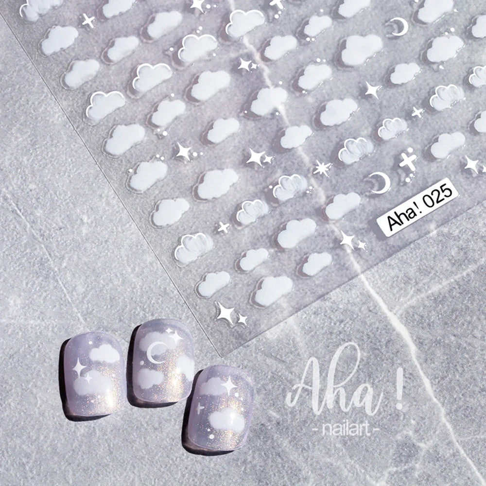 1pc Cute White Cloud Nail Stickers Ultra Thin Nail Art Stickers Self Adhesive Decals Star Moon/Flower/Clouds Kawaii Nail Decals (Online Order Only)