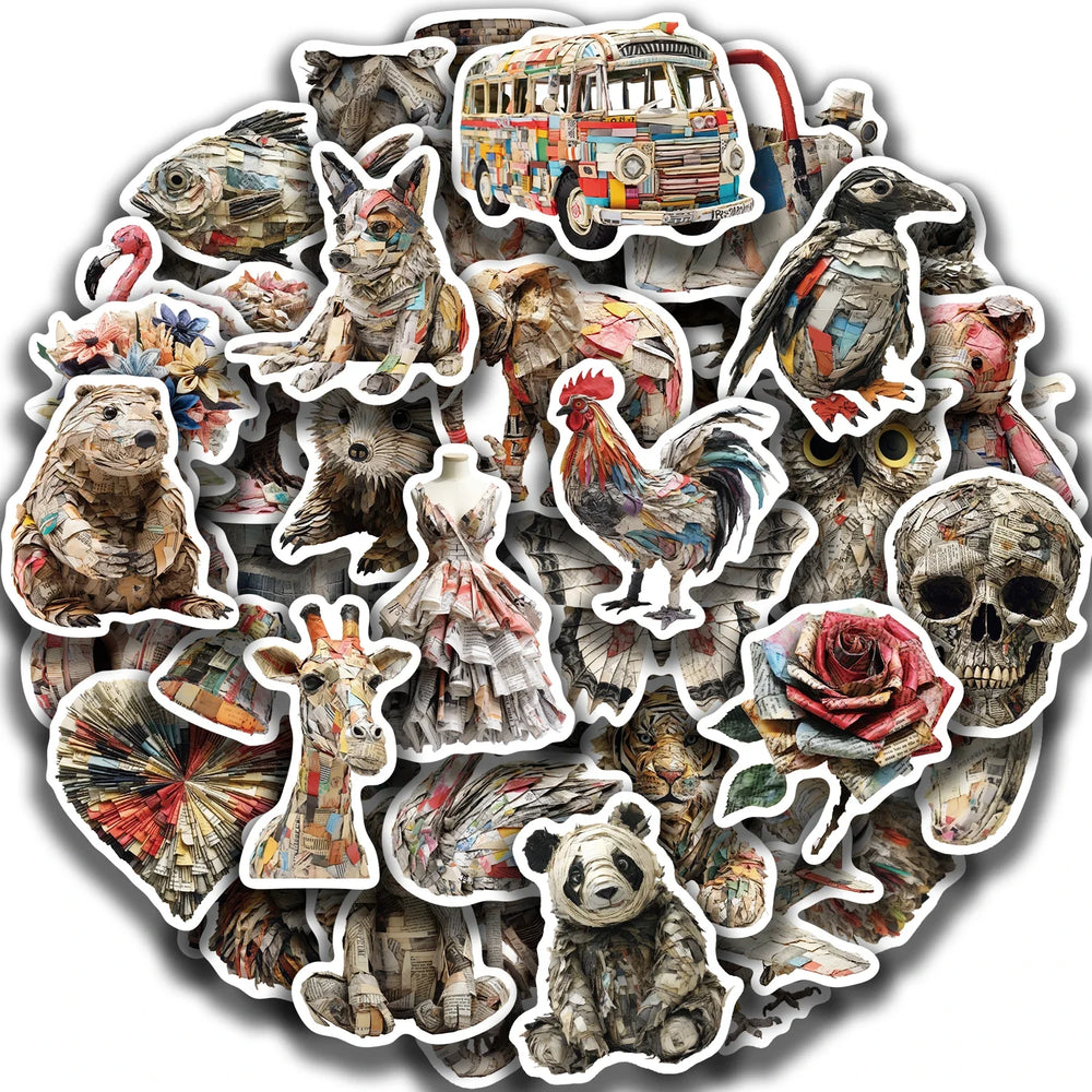 50Pcs Animals of Newspaper Sculptures Stickers Laptop Suitcase Graffiti Skateboard Luggage Waterproof PVC Stickers Kids Gift Toy (Online Order Only)