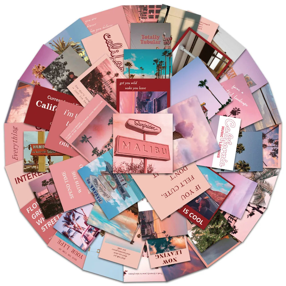 Pink California Sunshine Landscape Stickers - Aesthetic Decals for Notebook, Laptop, Skateboard, Phone (10/30/50pcs) (ONLINE ORDER ONLY)