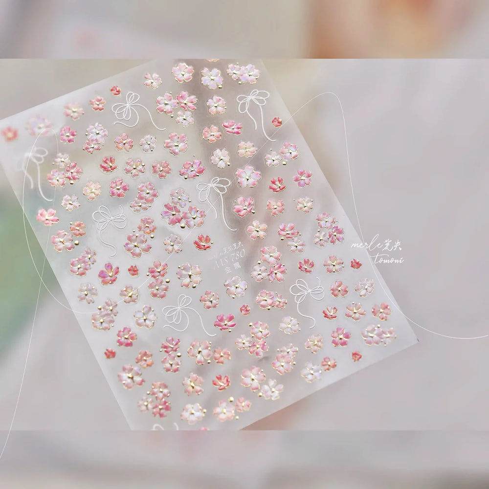Peach Blossom Gradual Pink Petal Flower Line Bowknot Hot Stamping Halo Dyeing Delicate Adhesive Nail Art Sticker Manicure Decals (ONLINE ORDER ONLY)