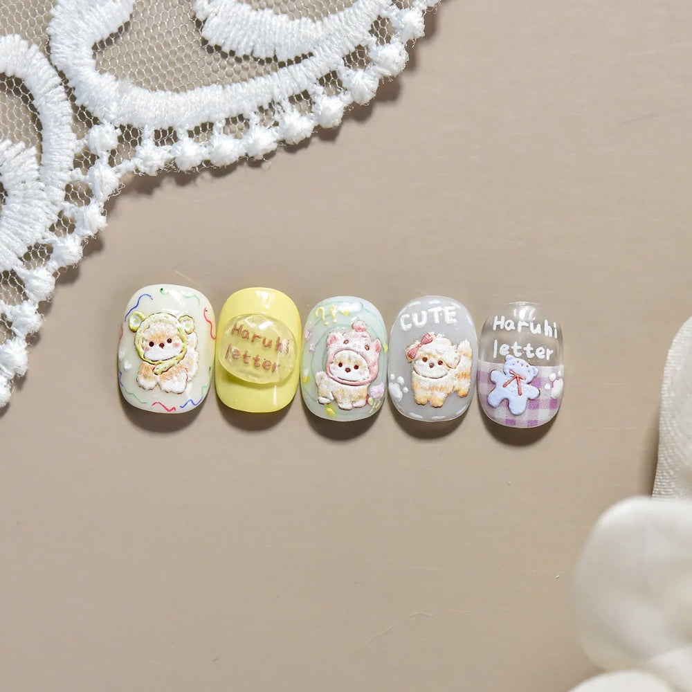 Spring Dog Bear Toy Rose Flower Floral Print Letter Bone Butterfly Cat Puppy Relief Adhesive Nail Art Stickers Manicure Decals (Online Order Only)