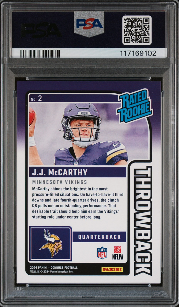 Graded 2024 Panini Donruss JJ McCarthy #2 Rated Rookies Throwback Rookie RC Football Card PSA 10 Gem Mint (ONLINE ORDER ONLY)