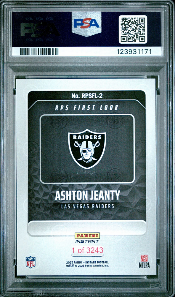 Graded 2025 Panini Instant Ashton Jeanty #RPSFL2 RPS First Look Rookie RC Football Card PSA 8 Near Mint (ONLINE ORDER ONLY)