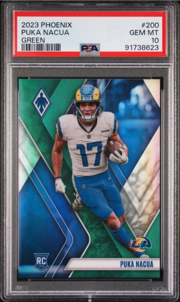Graded 2023 Panini Phoenix Puka Nacua #200 Green /25 Rookie RC Football Card PSA 10 Gem Mint (ONLINE ORDER ONLY)