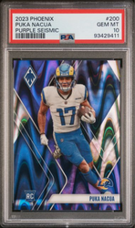 Graded 2023 Panini Phoenix Puka Nacua #200 Purple Seismic /125 Rookie RC Football Card PSA 10 Gem Mint (ONLINE ORDER ONLY)
