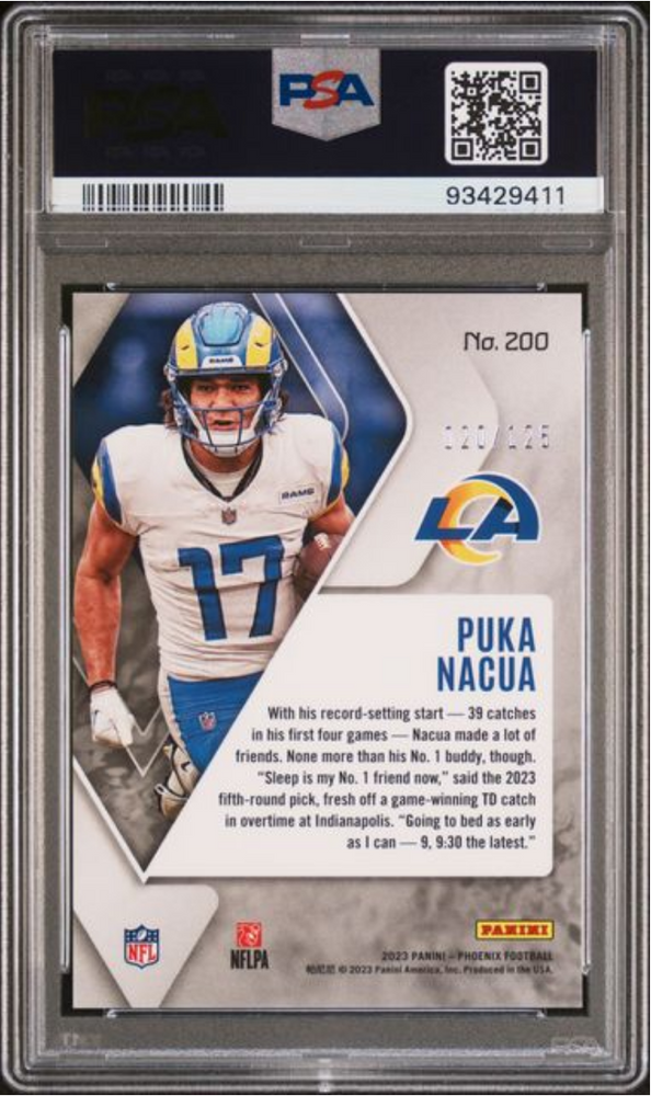 Graded 2023 Panini Phoenix Puka Nacua #200 Purple Seismic /125 Rookie RC Football Card PSA 10 Gem Mint (ONLINE ORDER ONLY)