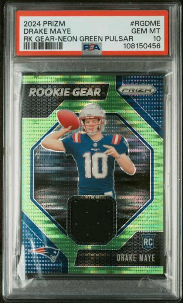 Graded 2024 Panini Prizm Drake Maye #RGDME Rookie Gear Neon Green Pulsar Rookie RC Football Card PSA 10 Gem Mint (ONLINE ORDER ONLY)