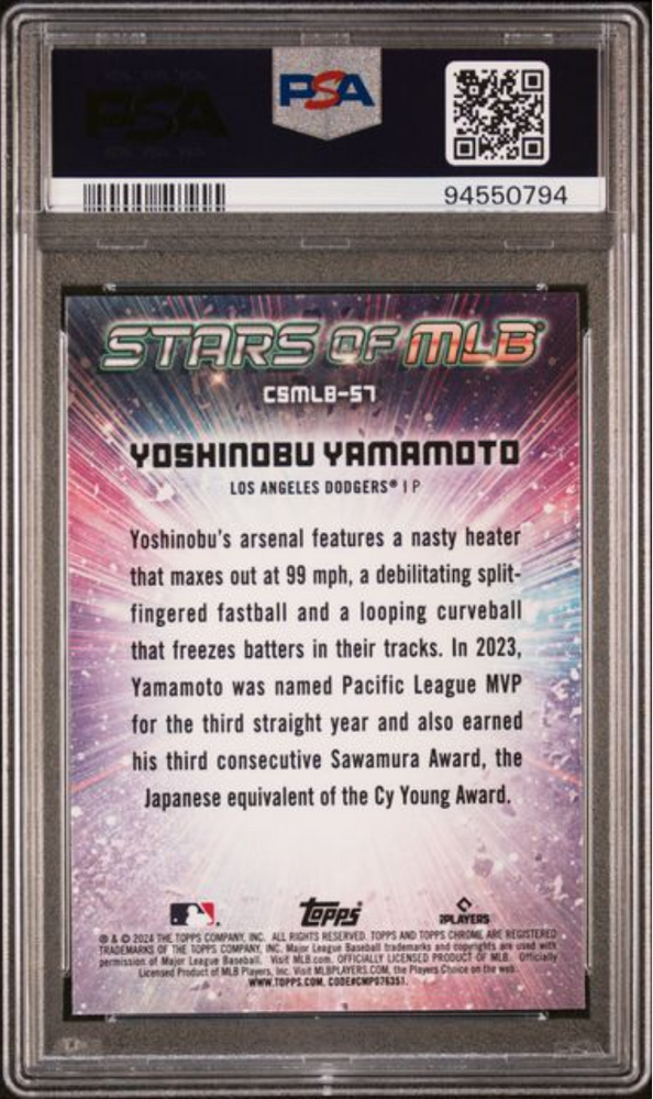 Graded 2024 Topps Yoshinobu Yamamoto #CSMLB57 Stars of MLB Chrome Rookie RC Baseball Card PSA 10 Gem Mint (ONLINE ORDER ONLY)