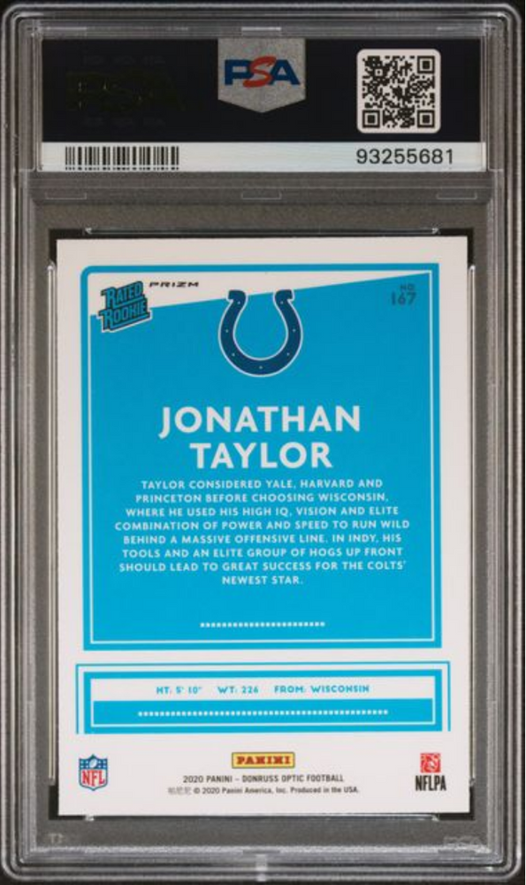 Graded 2020 Panini Donruss Optic Jonathan Taylor #167 Green Velocity Rookie RC Football Card PSA 10 Gem Mint (ONLINE ORDER ONLY)