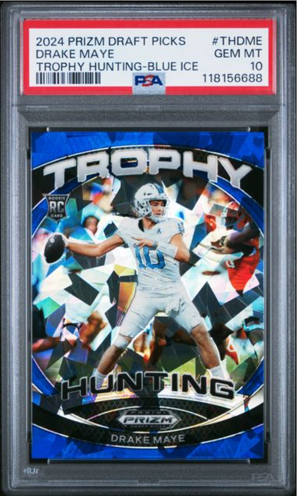 Graded 2024 Panini Prizm Draft Picks Drake Maye #THDME Trophy Hunting Blue Ice /99 Rookie RC Football Card PSA 10 Gem Mint (ONLINE ORDER ONLY)