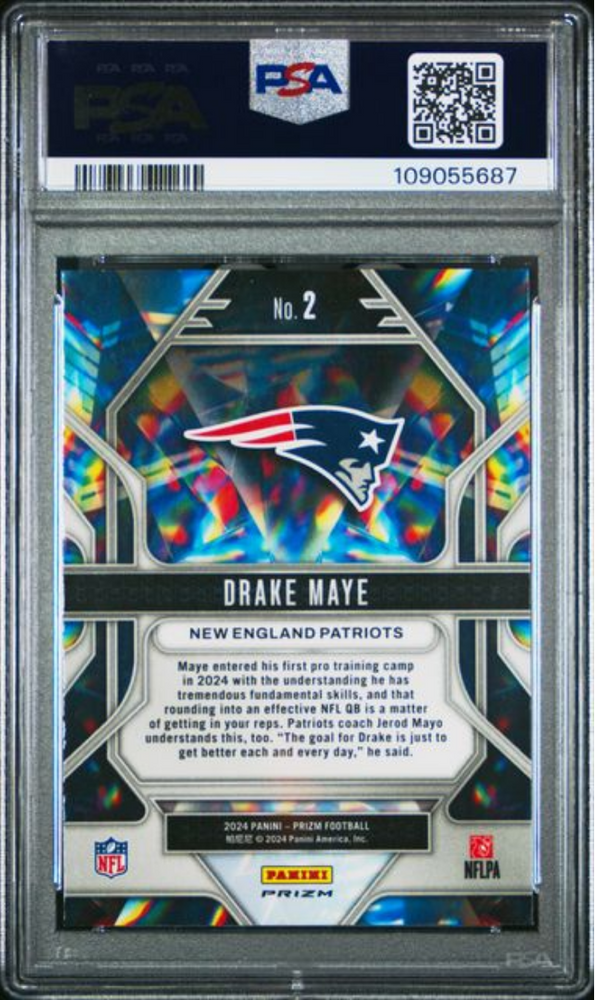 Graded 2024 Panini Prizm Drake Maye #2 Prizmatic Green Ice Rookie RC Football Card PSA 10 Gem Mint (ONLINE ORDER ONLY)