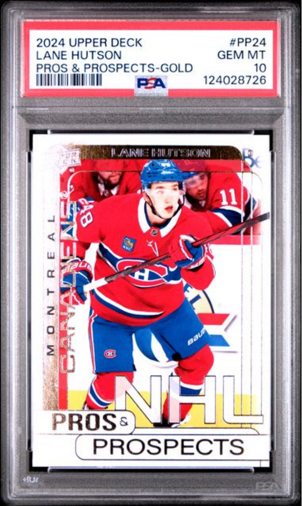 Graded 2024 Upper Deck Lane Hutson #PP24 Pros & Prospects Gold Rookie RC Hockey Card PSA 10 Gem Mint (ONLINE ORDER ONLY)