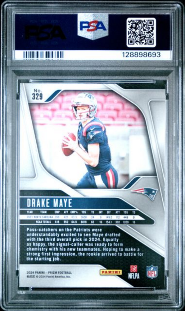 Graded 2024 Panini Prizm Drake Maye #329 Rookie RC Football Card PSA 9 Mint (ONLINE ORDER ONLY)