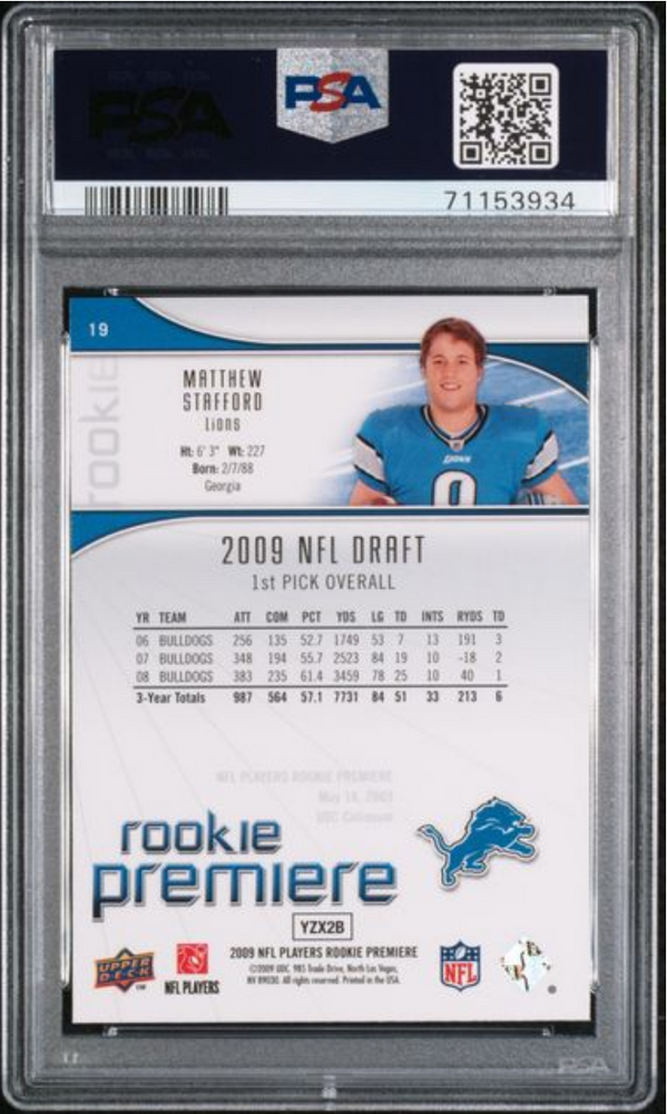 Graded 2009 Upper Deck Rookie Premiere Matthew Stafford #19 Rookie RC Football Card PSA 10 Gem Mint (ONLINE ORDER ONLY)