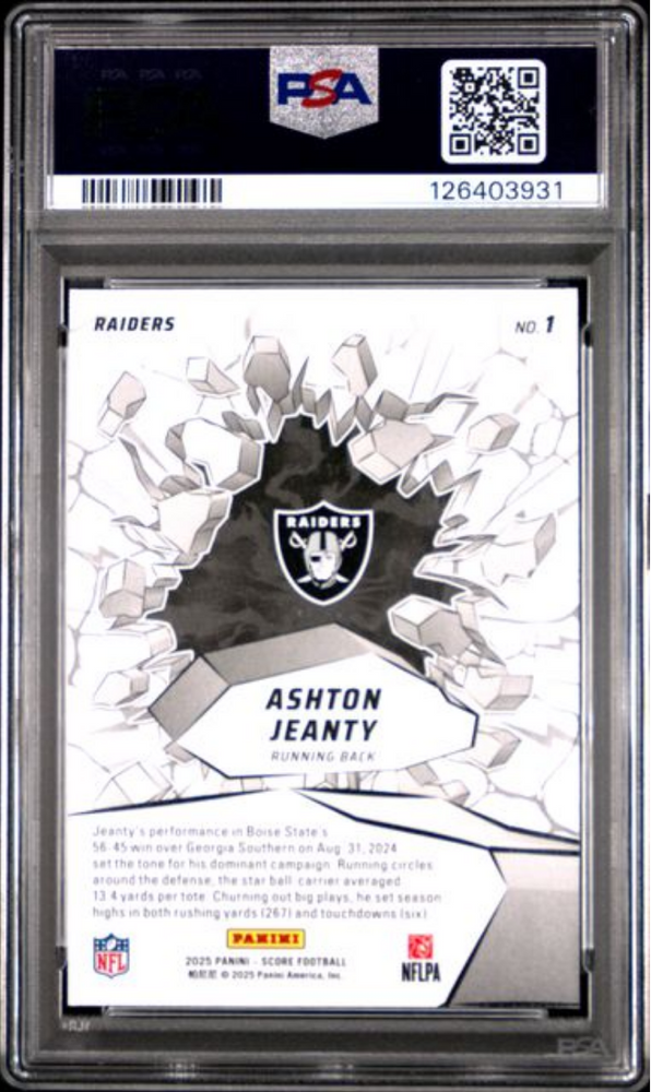 Graded 2025 Panini Score Ashton Jeanty #1 Emerged Rookie RC Football Card PSA 10 Gem Mint (ONLINE ORDER ONLY)
