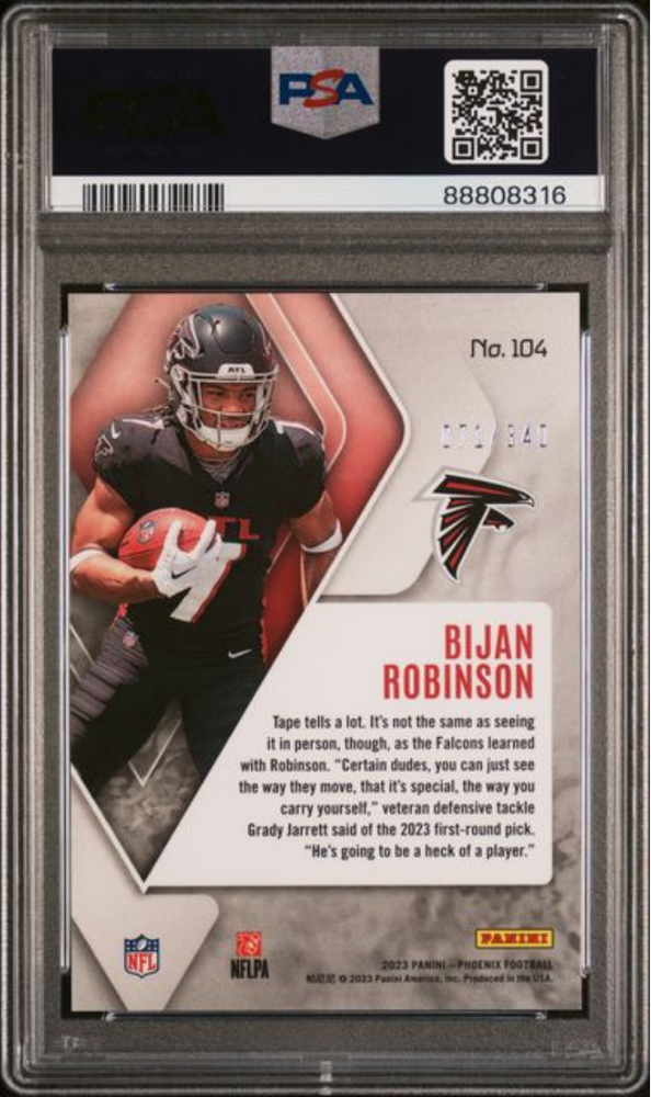 Graded 2023 Panini Phoenix Bijan Robinson #104 Fire Burst /340 Rookie RC Football Card PSA 10 Gem Mint