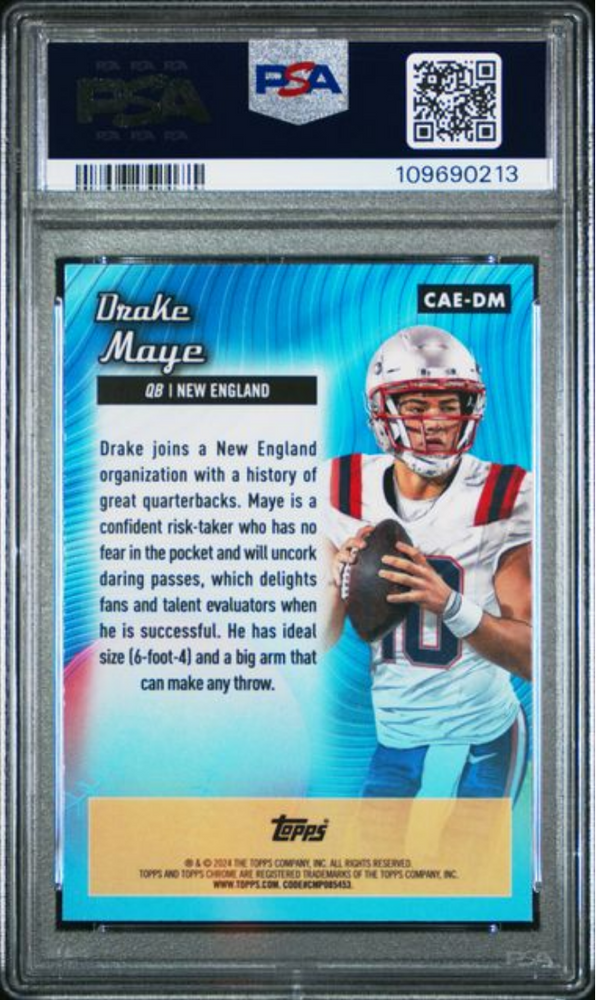 Graded 2024 Topps Chrome Drake Maye #CAEDM Chrome All Etch Pink Refractor Rookie RC Football Card PSA 10 Gem Mint (ONLINE ORDER ONLY)