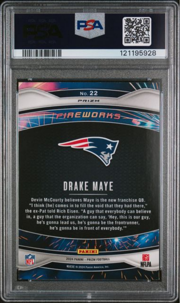 Graded 2024 Panini Prizm Drake Maye #22 Fireworks Green Wave Rookie RC Football Card PSA 10 Gem Mint