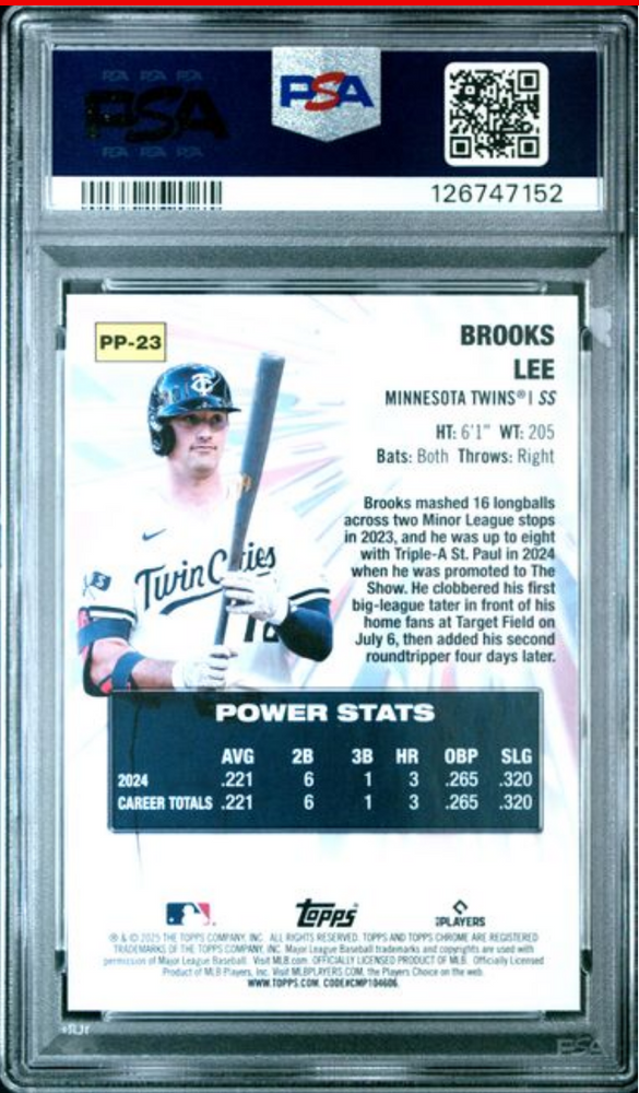 Graded 2025 Topps Chrome Brooks Lee #PP23 Power Players Rookie RC Baseball Card PSA 10 Gem Mint
