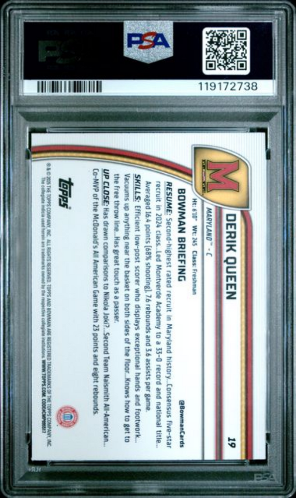 Graded 2024 Topps Bowman Chrome U Derik Queen #19 Rookie RC Basketball Card PSA 10 Gem Mint