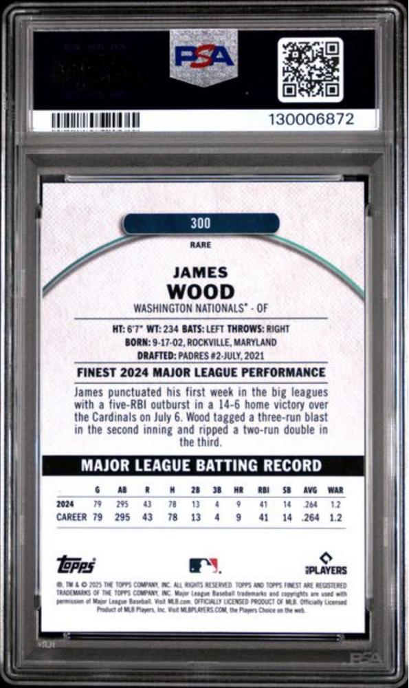 Graded 2025 Topps Finest James Wood #300 Rookie RC Baseball Card PSA 10 Gem Mint