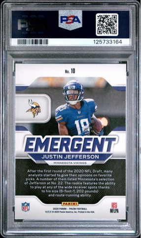 Graded 2020 Panini Prizm Justin Jefferson #10 Emergent Rookie RC Football Card PSA 10 Gem Mint (ONLINE ORDER ONLY)